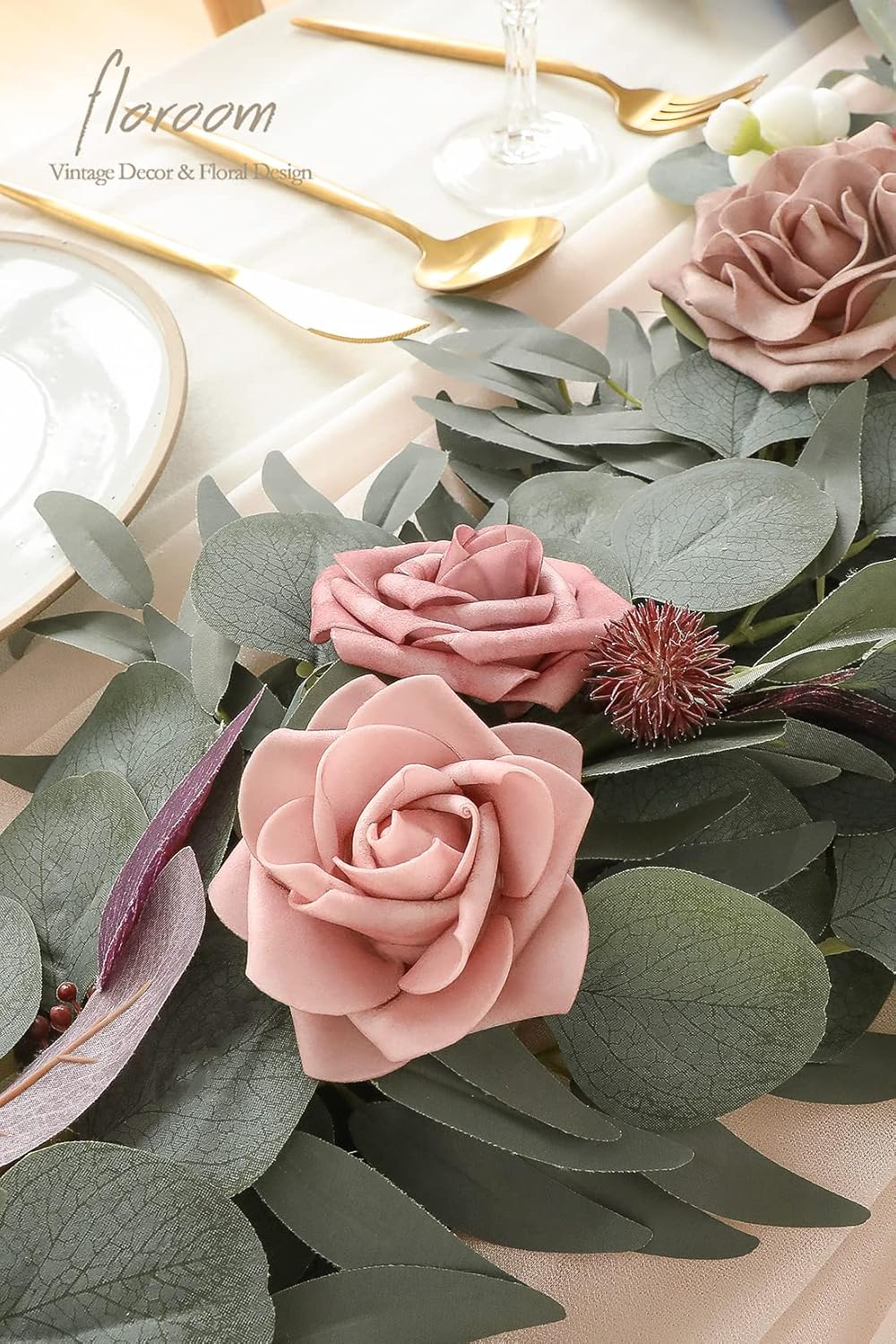 Floroom 6ft Artificial Eucalyptus Garland with Flowers Fake Greenery Faux Floral Vine Garland for Table Decor Wedding Centerpieces Bridal Shower Party Decorations, Dusty Rose & Mauve
