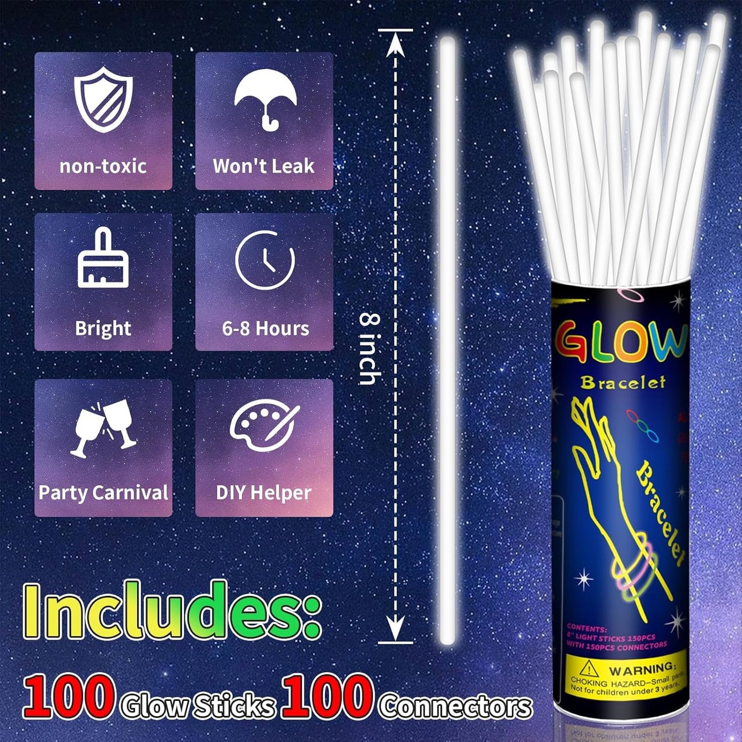 100 Pack 8” White Glow Sticks Bulk with 100 Connectors Neon Glow In The Dark Party favors Supplies for Holiday Birthday Party Decoration (White)