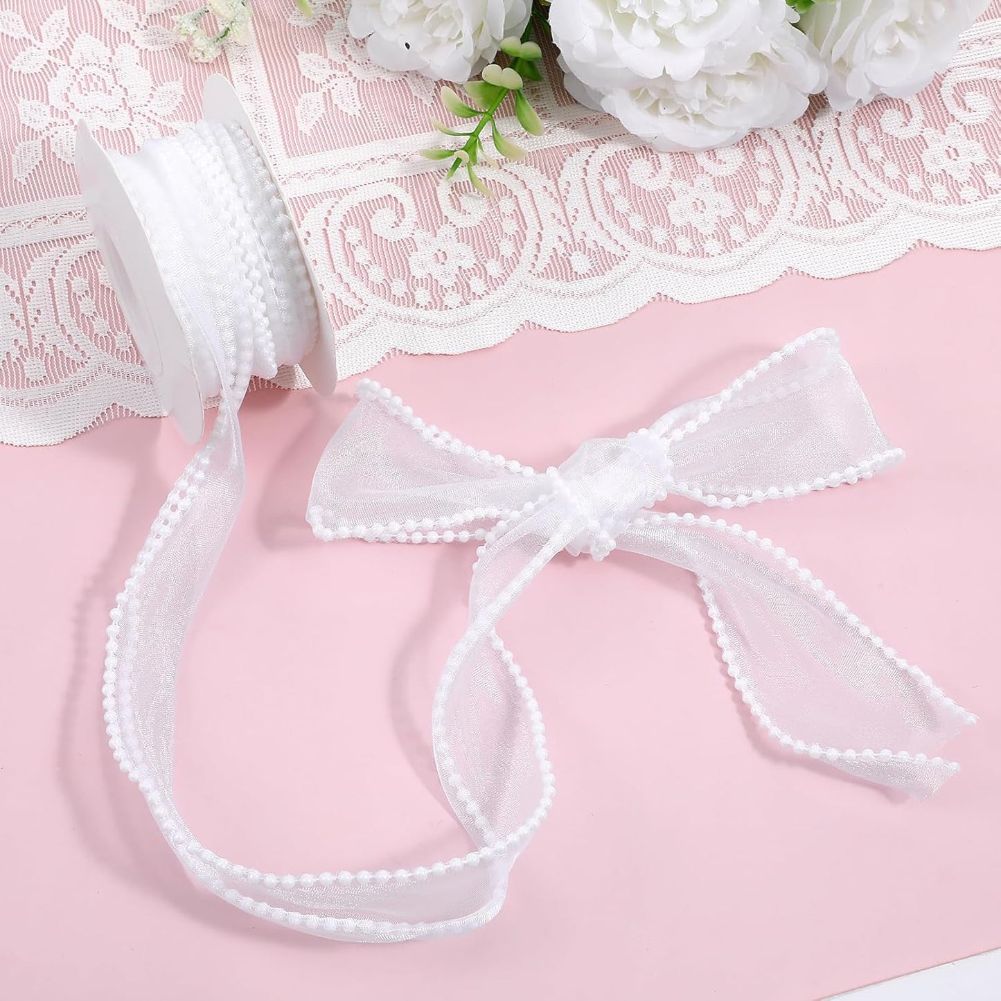 1.5 Inch Faux Pearl Ribbon, Smooth White Ribbon with Pearl Edges Wire, 4.5m Sheer Mesh Ribbons for Gift Wrapping, Bows Bouquet Decor Crafts, Wedding Bridal Decorations