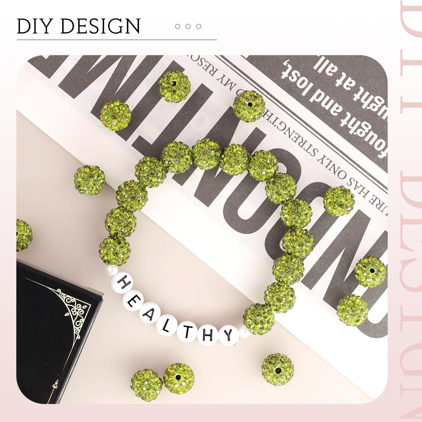 100 pcs 10mm Rhinestone Beads for Jewelry Making, Olivine Shiny Round Shamballa Disco Beads Bulk, Sparkle Crystal Clay Christmas for Bracelet Baseball Necklace Earring Crafting and DIY