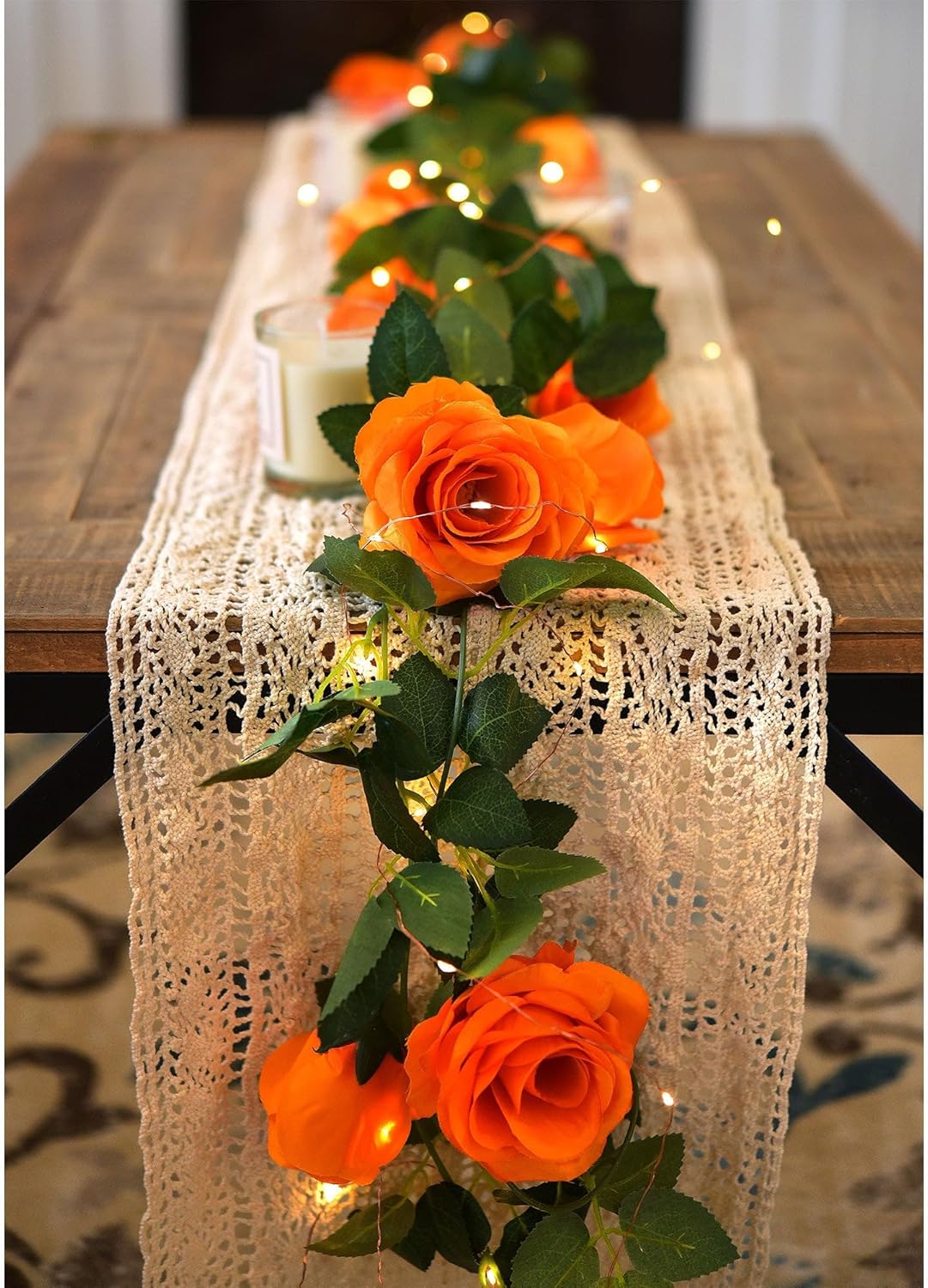 FiveSeasonStuff 29 Ft 4 Pack Mandarin Orange Rose Silk Flower Garland Artificial Flowers Decoration Hanging Floral with 66 feet String Lights