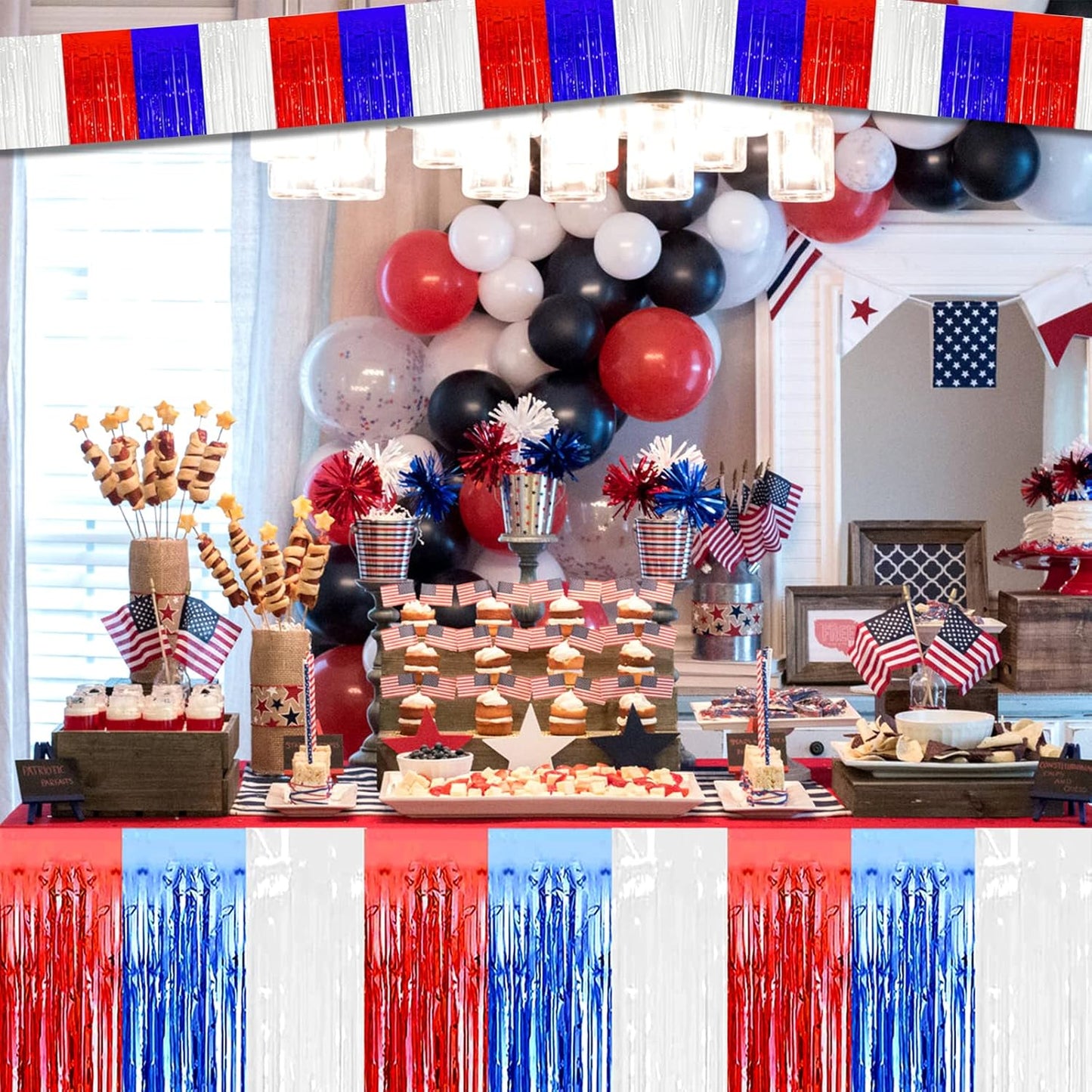 10 Pack 10 Feet Foil Fringe Garland Metallic Tinsel Streamers Banner Wall Hanging Backdrop for Parade Floats, Bachelorette, Wedding, Birthday, Independence Day Party Decorations(Red Blue White)