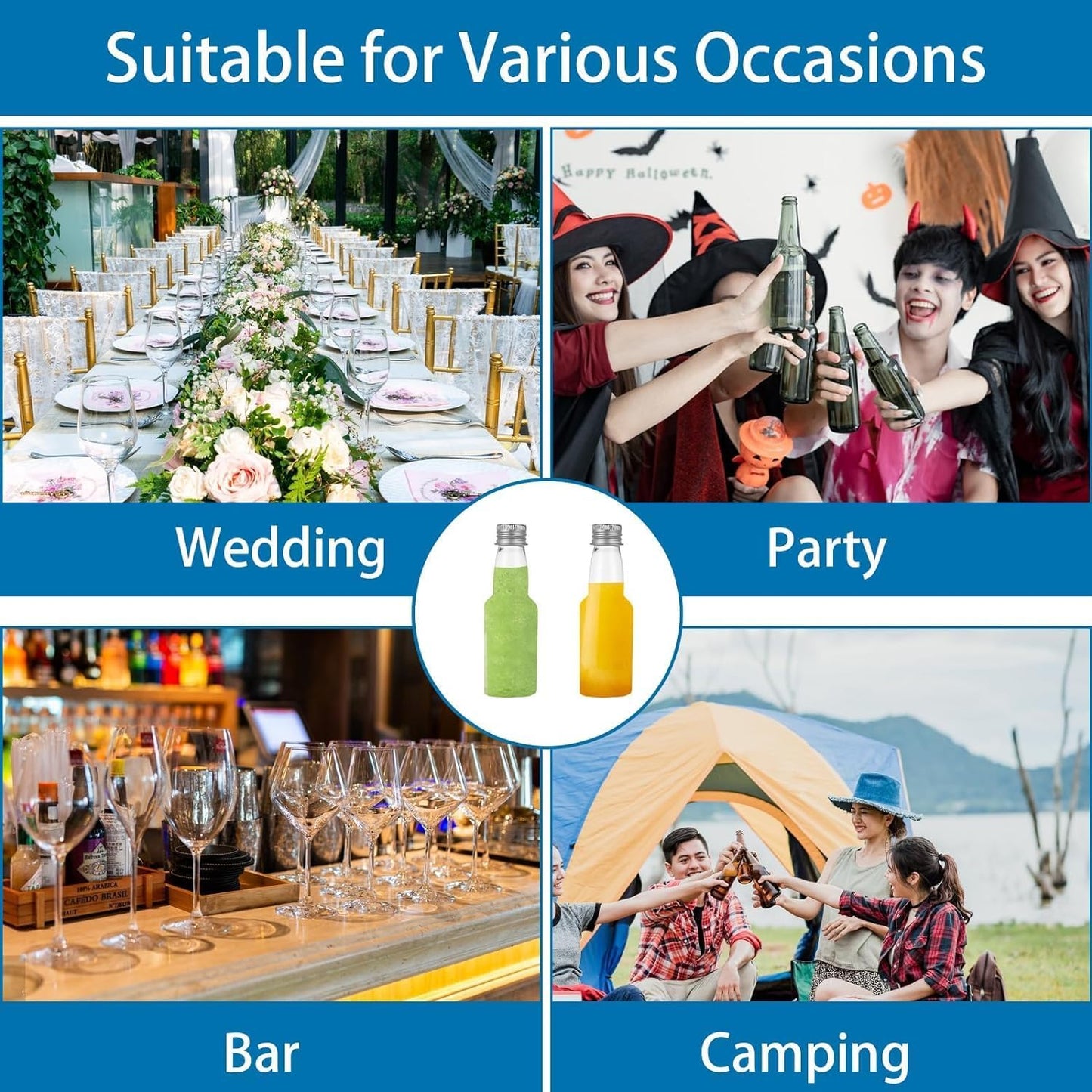 100 Pack 2oz Mini Liquor Bottles Bulk, Plastic Champagne Wine Bottles with Caps, Small Alcohol Shot Bottles with Funnels, Kraft Tags and Rope for Party Favors Wedding (Sliver Caps)