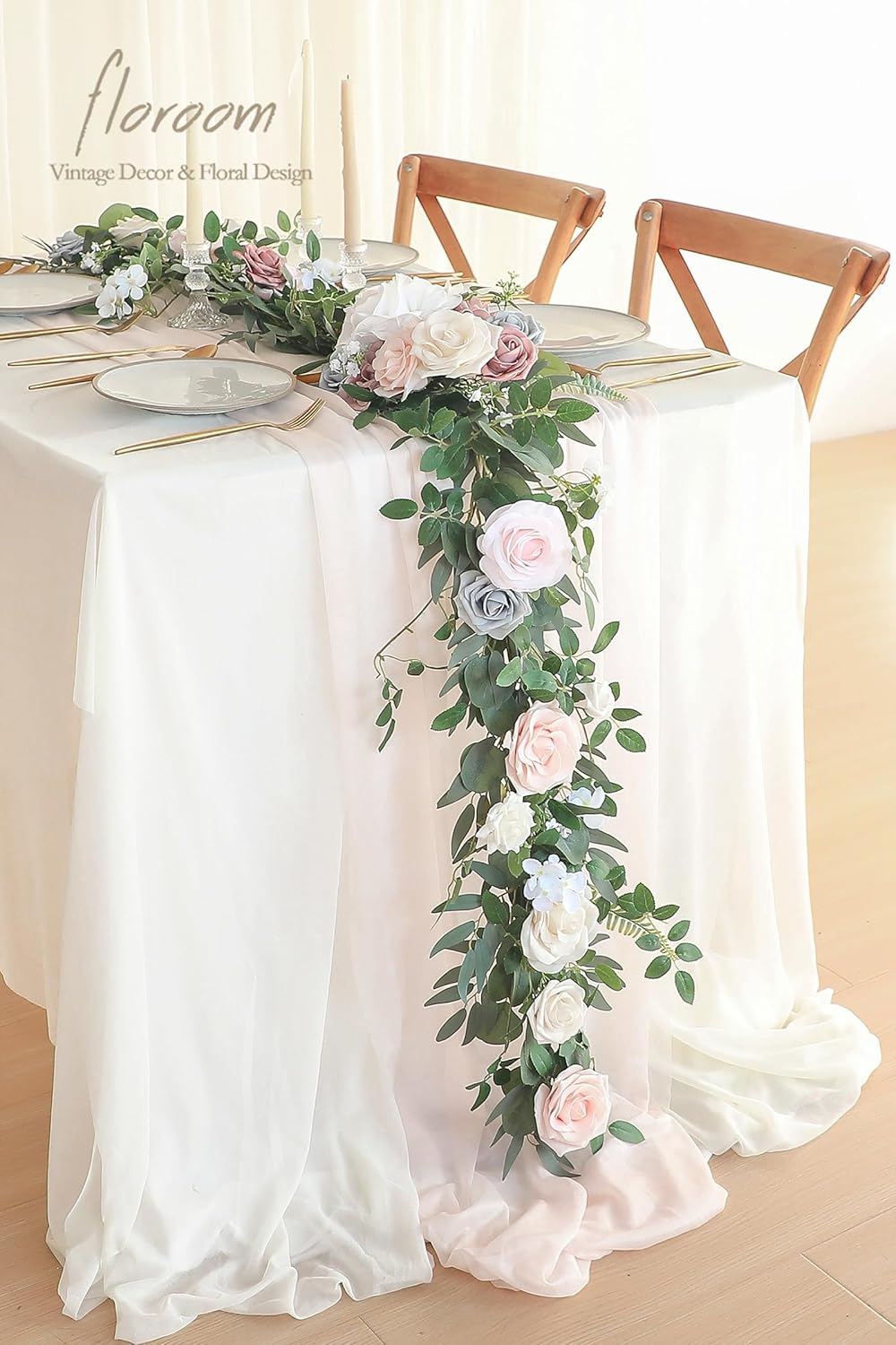 Floroom 6ft Artificial Eucalyptus Garland with Flowers Fake Greenery Faux Floral Vine Garland for Table Decor Wedding Centerpieces Bridal Shower Party Decorations, Blush Powder Blue