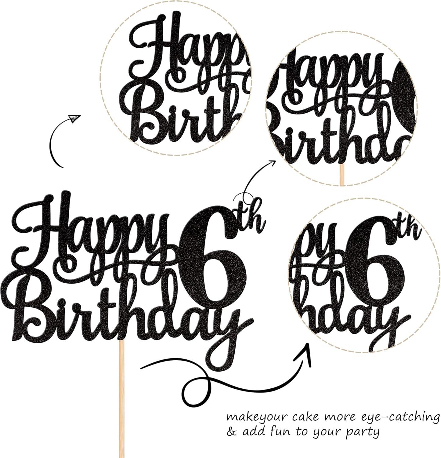 1 PCS Happy 6th Birthday Cake Topper Glitter Cheers to 6 Years Cake Pick Number 6 Fabulous Cake Decoration for 6th Birthday Theme Party Decorations Supplies Black