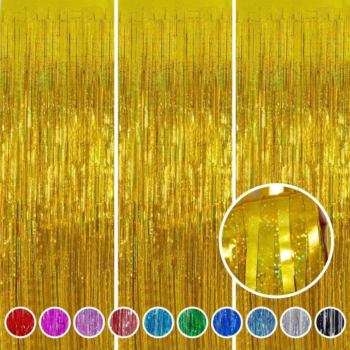 Foil Fringe Curtains Happy Retirement Decorations - Melsan 3 Pack 3.2 x 8.2 ft Gold Tinsel Curtain Party Photo Backdrop for Birthday Party Baby Shower or Graduation