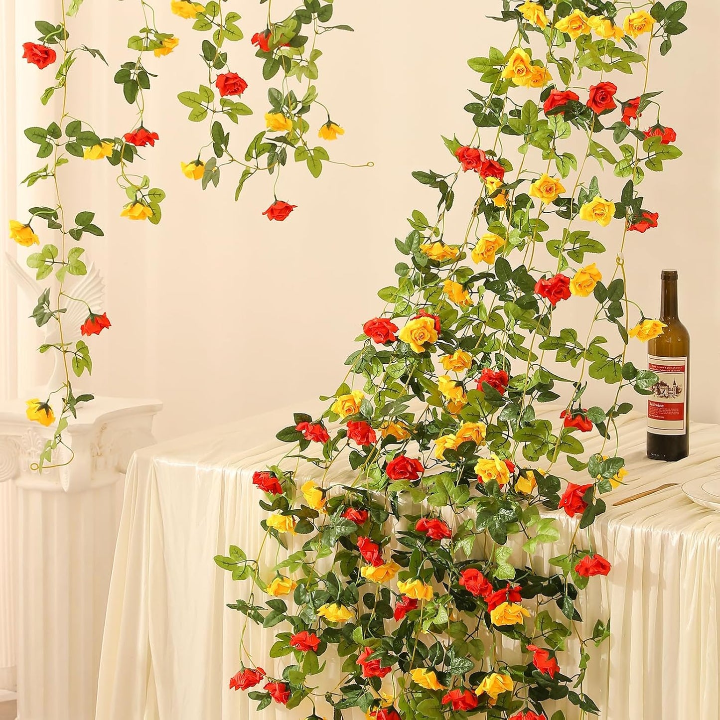 Floweroyal 4 Pack Artificial Flower Garlands 15.8FT Fake Rose Vines Silk Flowers Hanging Rose Ivy for Wedding Arch Party Home Garden Wall Decor (Orange Yellow)