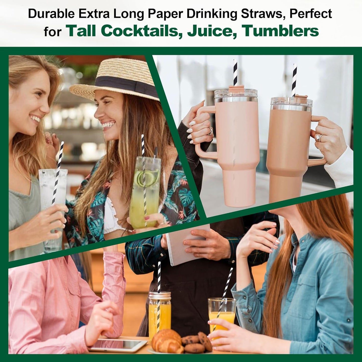10.25" Long Disposable Paper Drinking Straws, 0.24" Diameter - Black/White Striped, Pack of 100