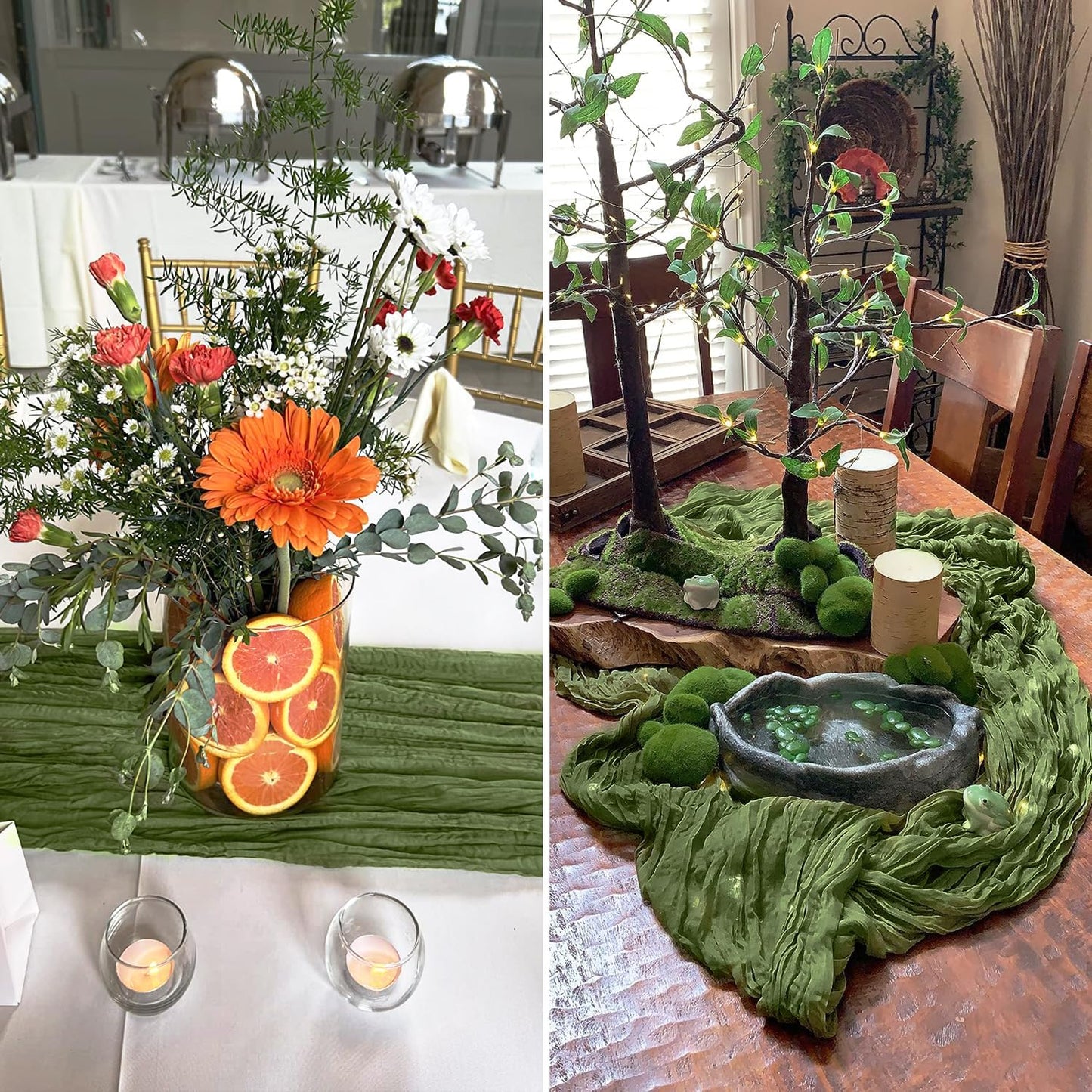 10 Packs Olive Green Cheese Cloth Table Runners, 10FT Boho Gauze Moss Green Cheesecloth Table Runner for Wedding Bridal Baby Shower Fall Thanksgiving Table Decoration