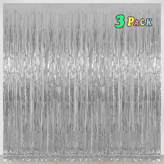 Foil Fringe Curtains Party Decorations - Melsan 3 Pack 3.2 x 8.2 ft Tinsel Curtain Party Photo Backdrop for Birthday Party Baby Shower or Graduation Decorations (Pure Silver)