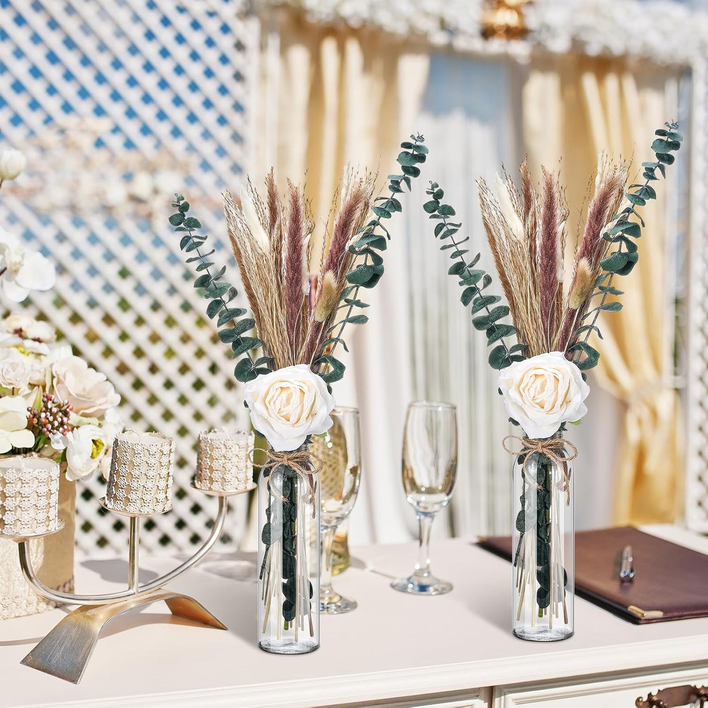 10 Set Dried Pampas Grass Centerpiece for Wedding 10 Clear Glass Jars 10 Artificial Roses 80 Dried Pampas Grass with Rope for Baby Shower Rustic Bridal Party Farmhouse Decoration (White)