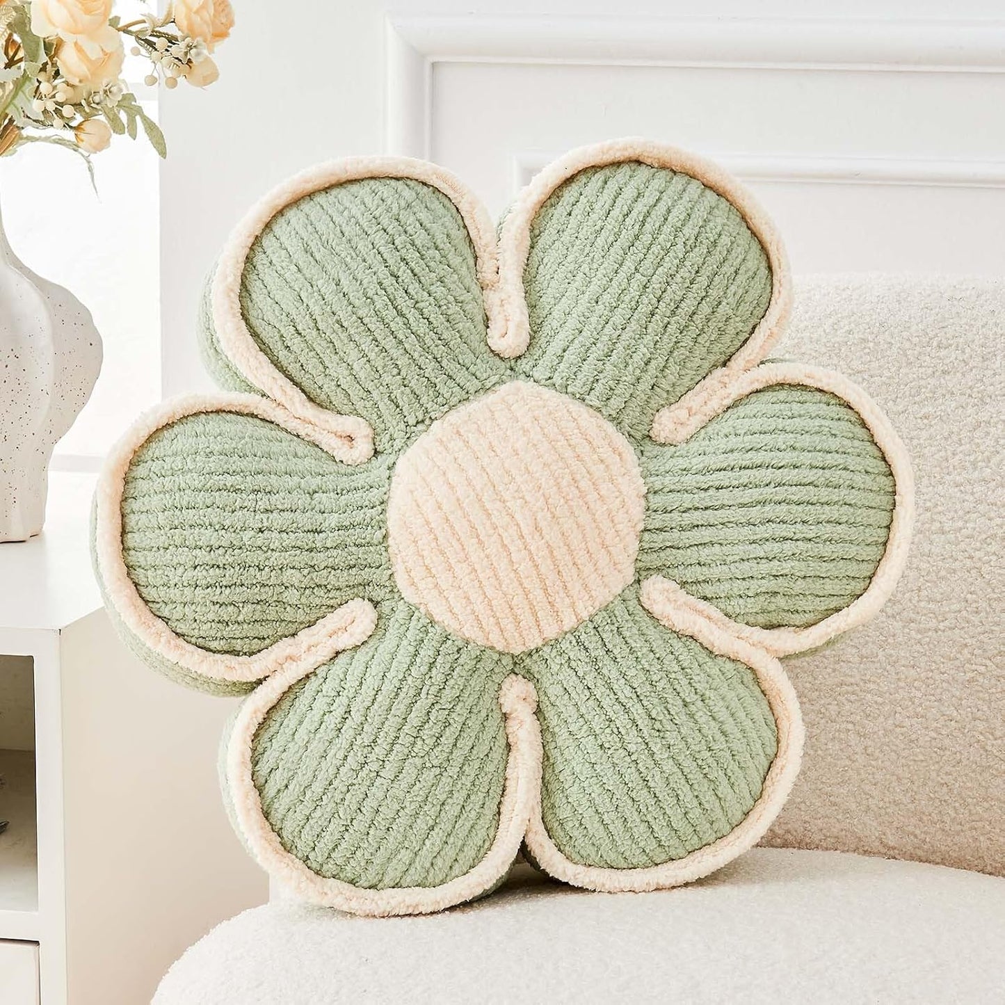 Flower Pillow, Soft Flower Decorative Throw Pillow, Cute Daisy Flower Shaped Seating Floor Cushion Room Décor Plush Pillows for Sofa Couch Bed (13.7 Inch, Sage Green)