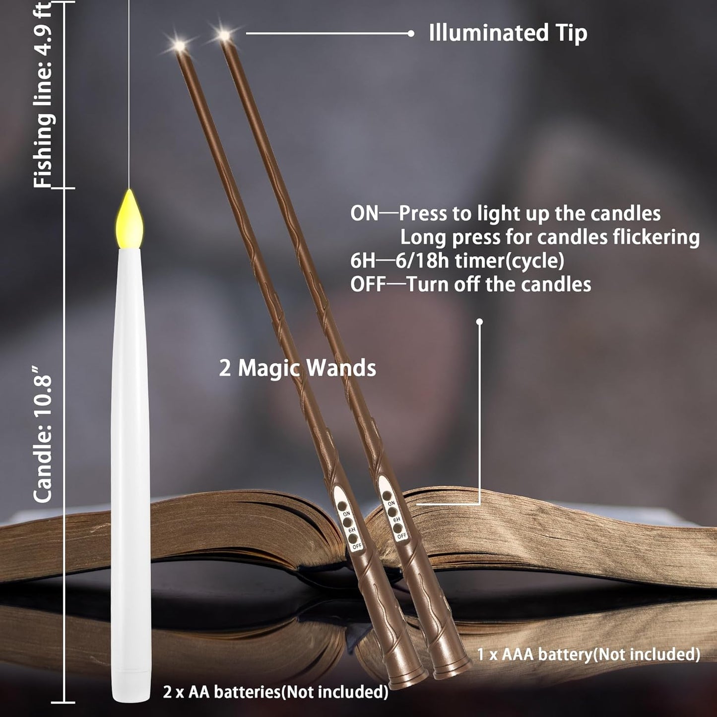 Floating Candles with Wand, 20 Pack Halloween Battery Operated LED Hanging Candles Electric Floating Candle for Halloween Party Decor Christmas 10.8in