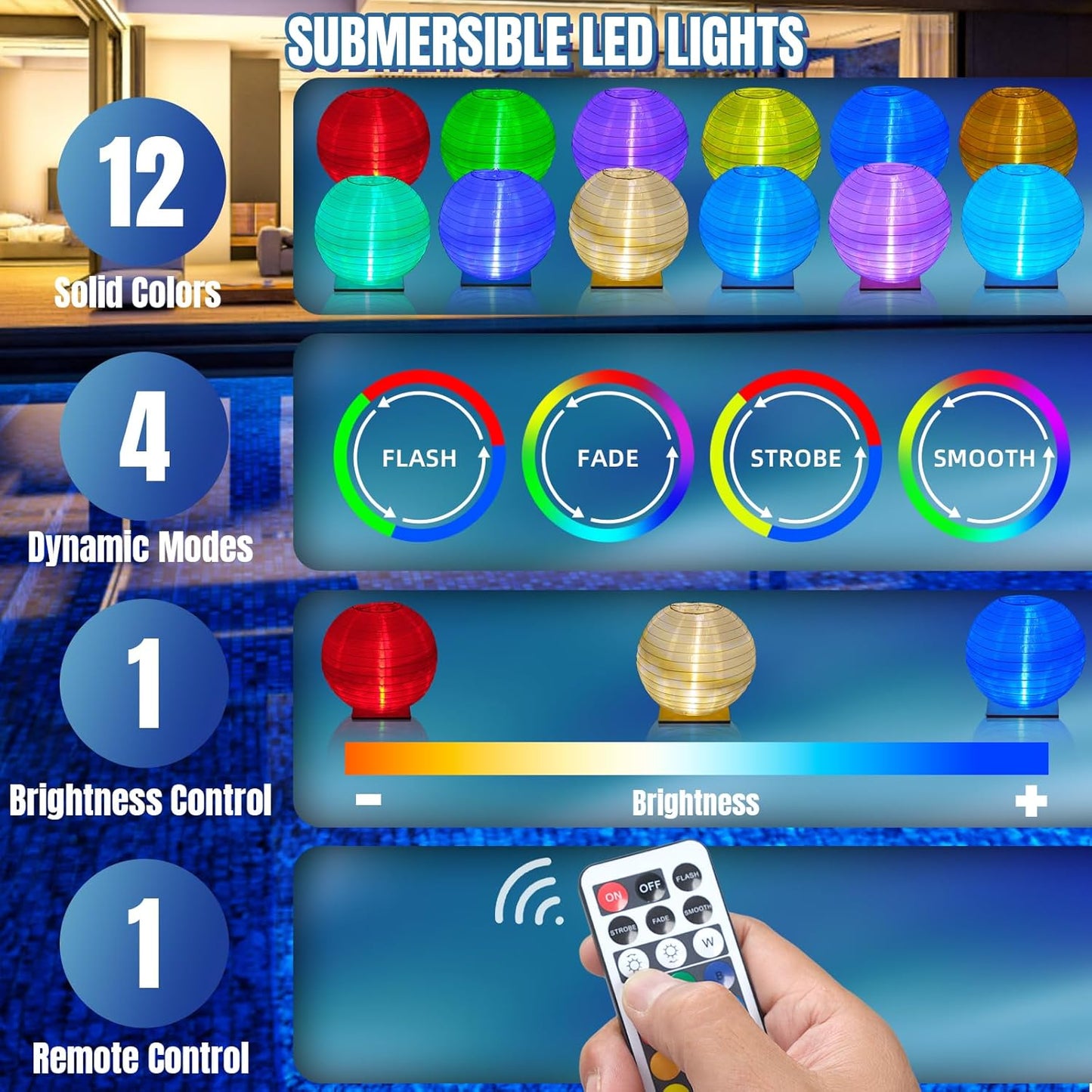 Floating Lanterns LED Pool Lights,IP68 Waterproof Pool Lights That Float ,13 Color Changes by Remote Control for Pool Decor,Outdoor Party,Wedding (4Pcs-10 inches)