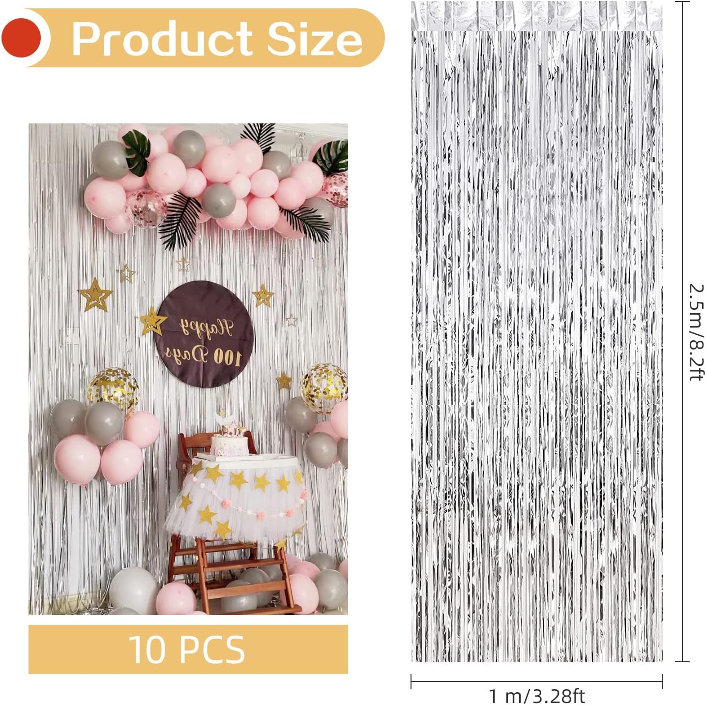 10 Pack Silver Backdrop Curtain 3.2ft x 8.2ft Metallic Tinsel Foil Fringe Curtains Photo Booth Background for Birthday Party Decoration Baby Shower Engagement Wedding Christmas Decoration (Silver)