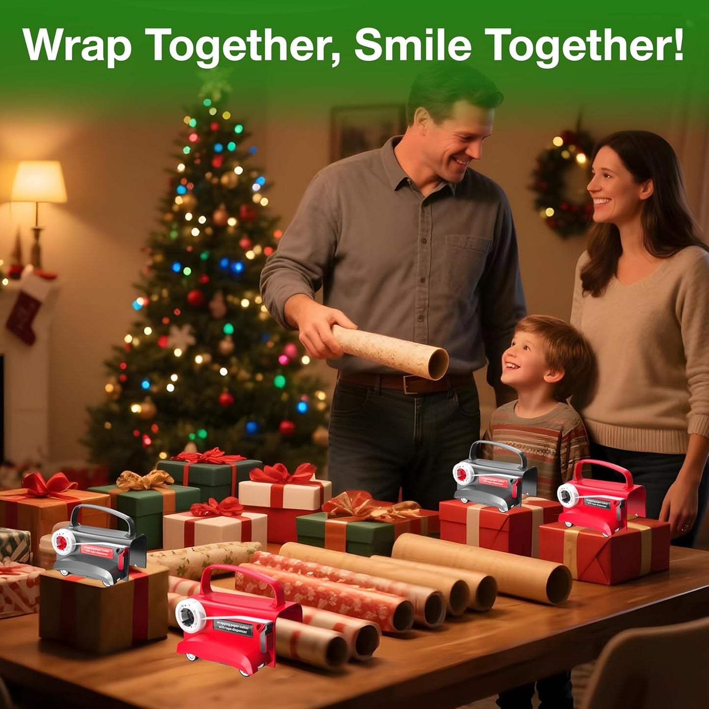 (2-Pack) Wheel Wrapping Paper Cutter & Tape Dispenser with 4 Tapes，2 Replace Blades Kit for Christmas Gift Wrap Cutter Tool Paper Roll Holder Tube Sliding Slicing for Birthday Holiday.