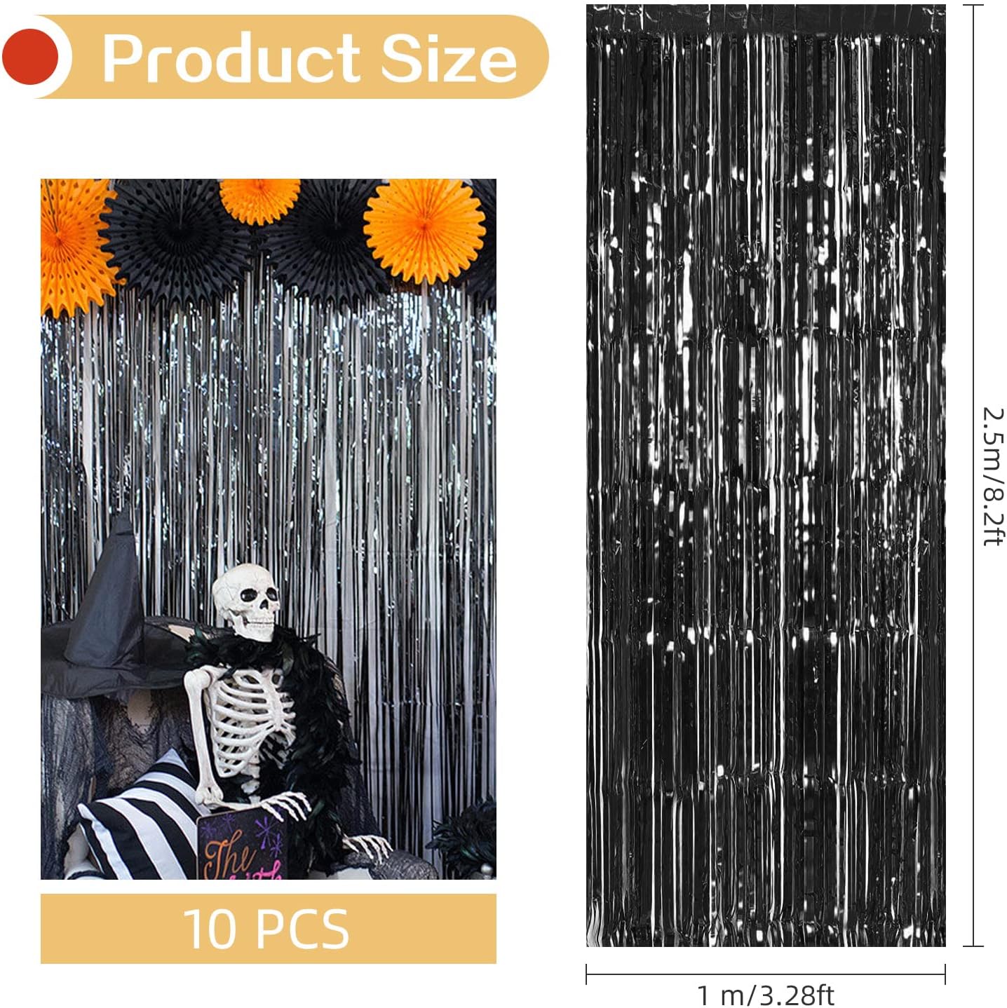 10 Pack Black Backdrop Curtain 3.2ft x 8.2ft Metallic Tinsel Foil Fringe Curtains Photo Booth Background for Birthday Party Decoration Baby Shower Engagement Wedding Christmas Decoration (Black)