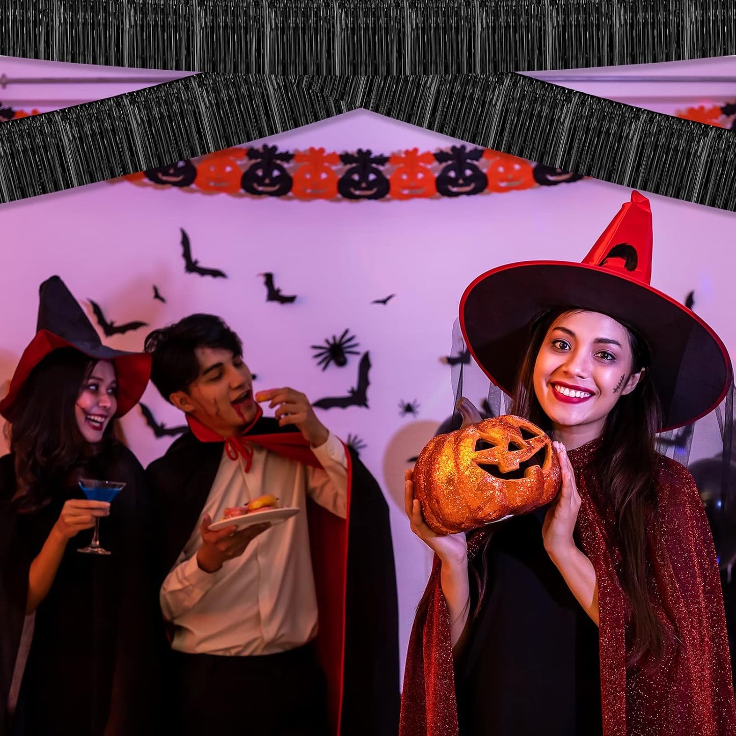 10 Pack 10 Feet Black Foil Fringe Garland Metallic Tinsel Streamers Banner Wall Hanging Curtain Backdrop for Parade Floats, Bachelorette, Wedding, Birthday, Halloween, Christmas Party Decorations