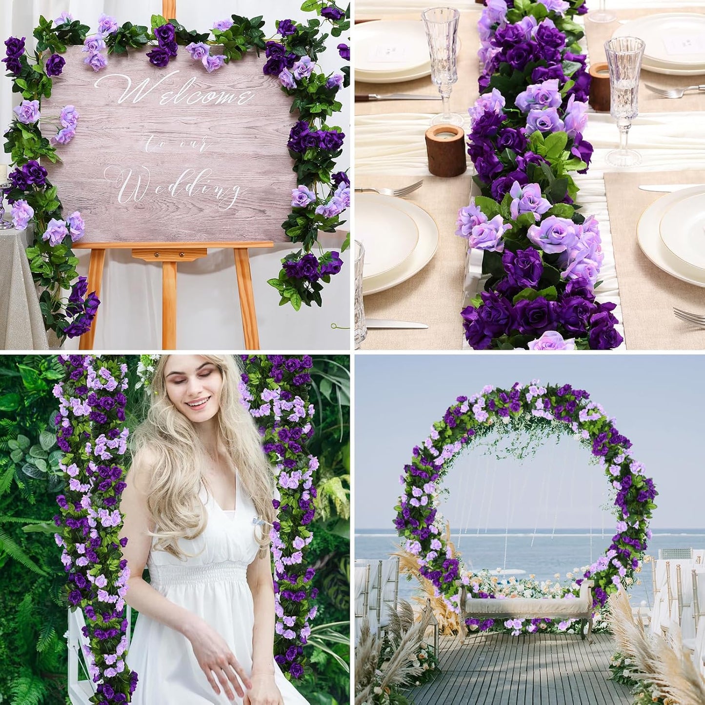 Floweroyal 6 Pack Artificial Flower Garlands 7.9FT Fake Rose Vines Silk Flowers Hanging Rose Ivy for Wedding Arch Party Home Garden Wall Decor (Purple)