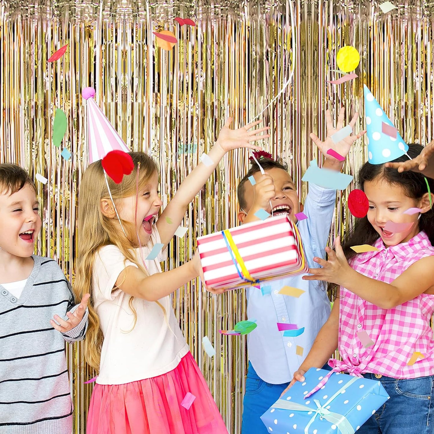 10 Pack Champagne Gold Backdrop Curtain 3.2ft x 8.2ft Metallic Tinsel Foil Fringe Curtains Photo Booth Background for Birthday Party Decoration Engagement Wedding Christmas Decor (Champagne Gold)