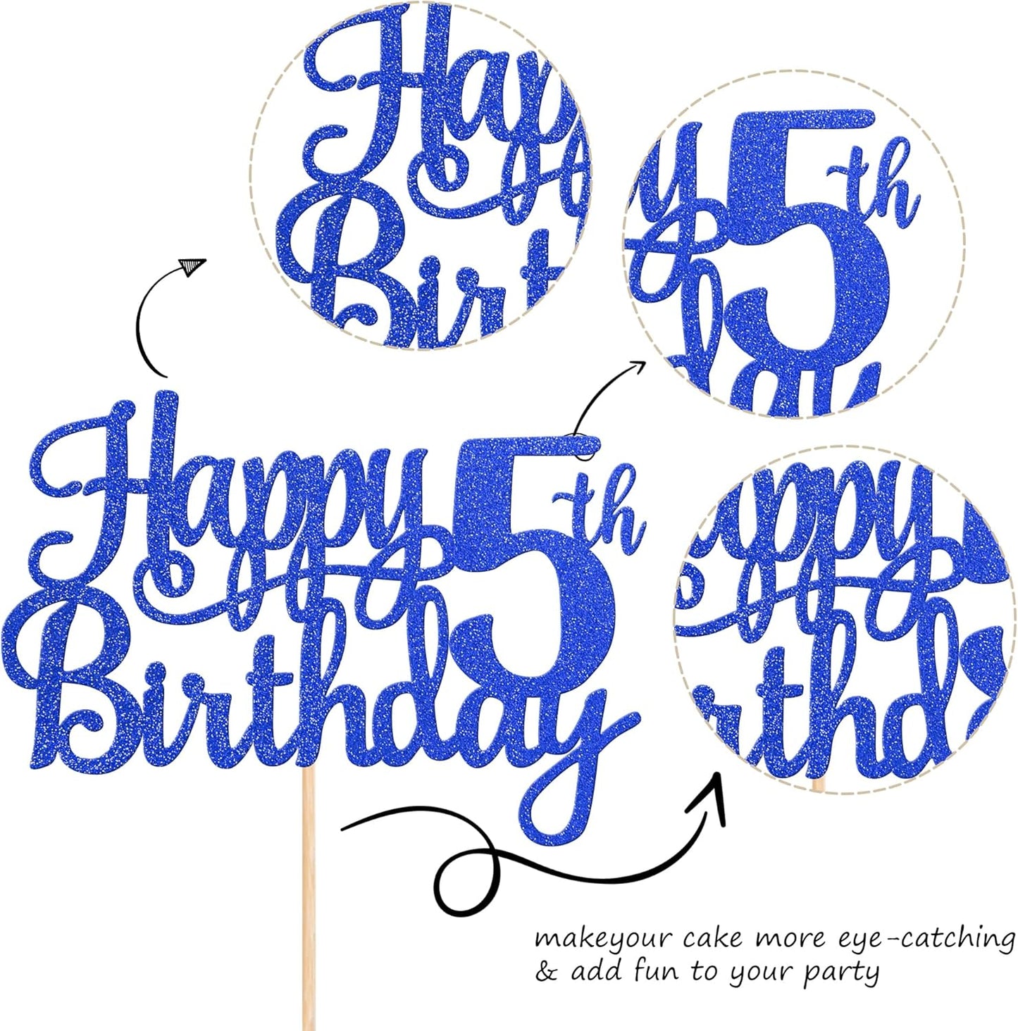 1 PCS Happy 5th Birthday Cake Topper Glitter Cheers to 5 Years Cake Pick Five Fabulous Cake Decoration for 5th Birthday Theme Party Decorations Supplies Blue