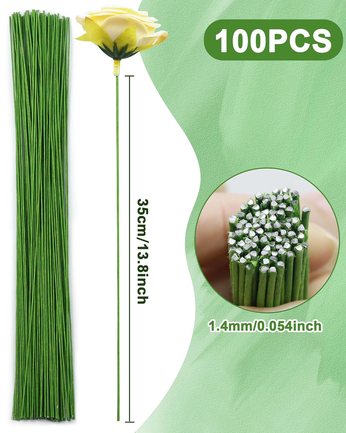 100 PCS FIVEIZERO 18 Gauge LightGreen Floral Wire Stems for Artificial Flower Making,Florist Wire,Flower Wires for Crafts,Alambre para Flores for Wreaths, Flower Arrangements and DIY Projects