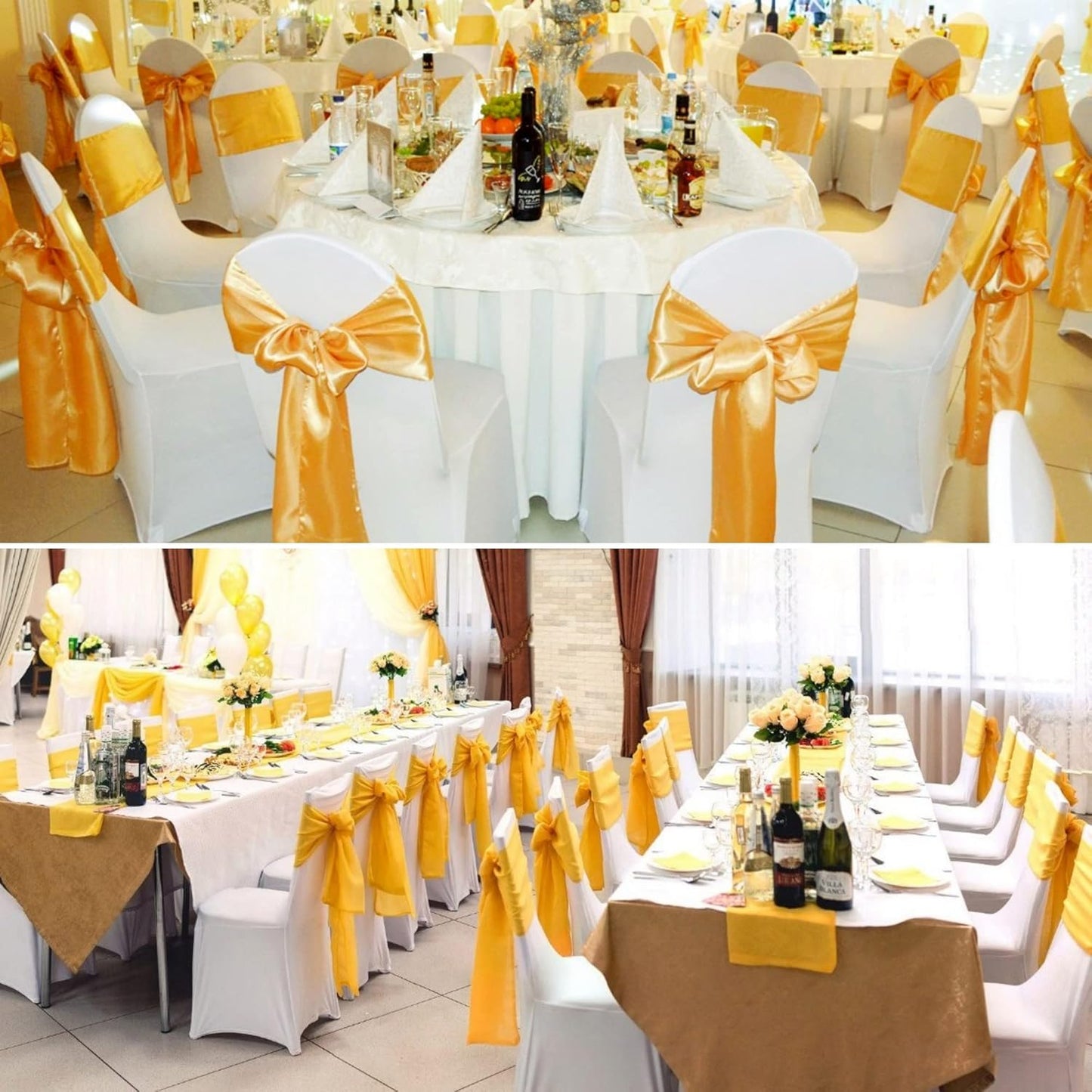 100 PCS Satin Chair Sashes Decorative Bows Satin Chair Sashes Ties Back Ribbon Bows Chairs Cover Band for Wedding Party Ceremony Reception Events Banquet Restaurant Home Kitchen Decor(7x108inch,Gold)