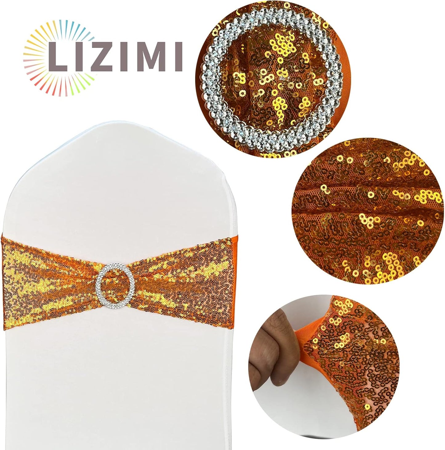 100 Pcs Chair Sashes Sequin Stretch Chair Bands Spandex Polyester Bows for Party Hotel Wedding Banquets Decoration - Orange