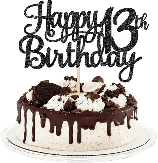 1 PCS Happy 13th Birthday Cake Topper Glitter Cheers to 13 Years Birthday Cake Pick Official Teenager 13 Fabulous Cake Decoration for Happy 13th Birthday Theme Party Decorations Supplies Black