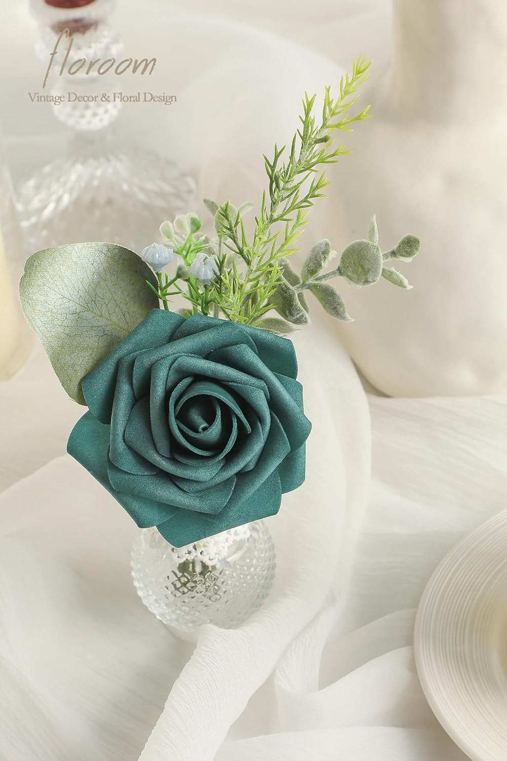 Floroom Artificial Flowers 25pcs Real Looking Dark Teal Foam Fake Roses with Stems for DIY Wedding Bouquets Bridal Shower Centerpieces Floral Arrangements Party Tables Home Decorations