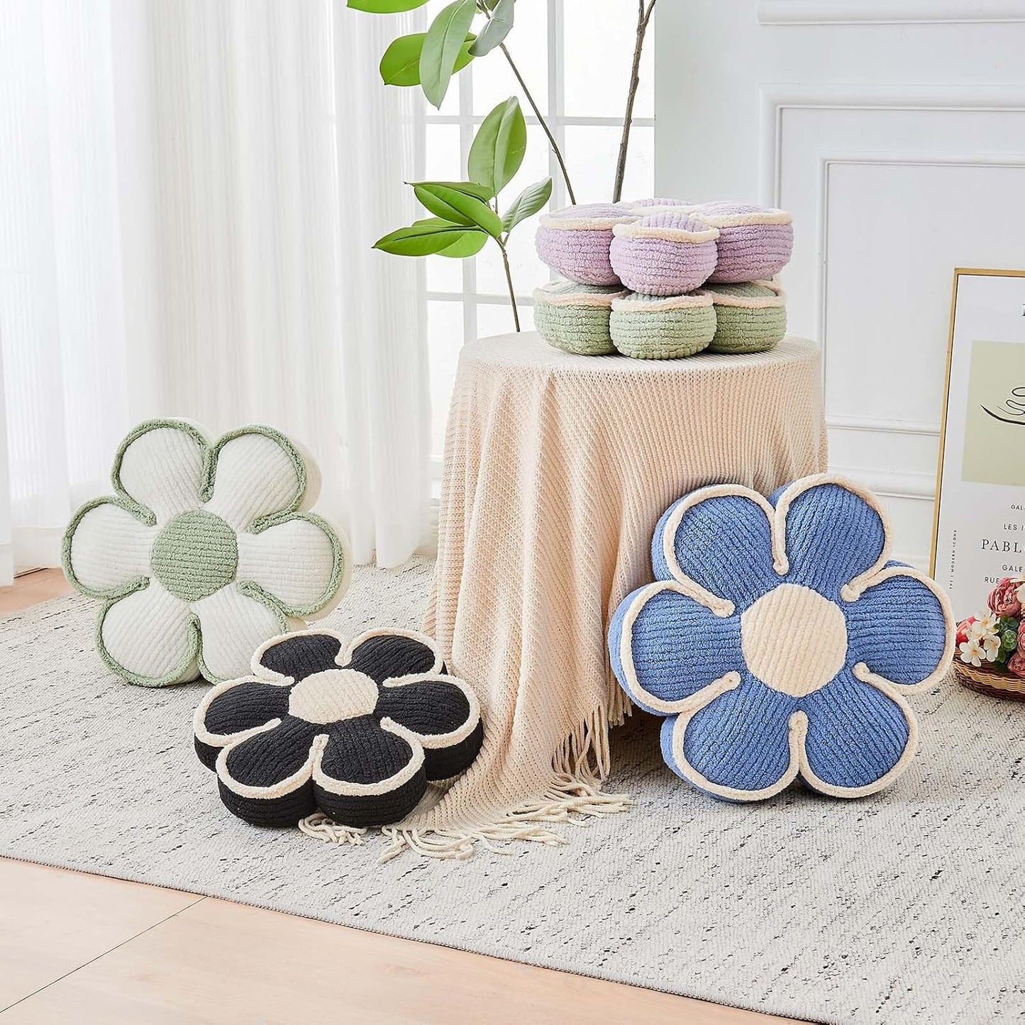 Flower Pillow, Soft Flower Decorative Throw Pillow, Cute Daisy Flower Shaped Seating Floor Cushion Room Décor Plush Pillows for Sofa Couch Bed (13.7 Inch, Sage Green)