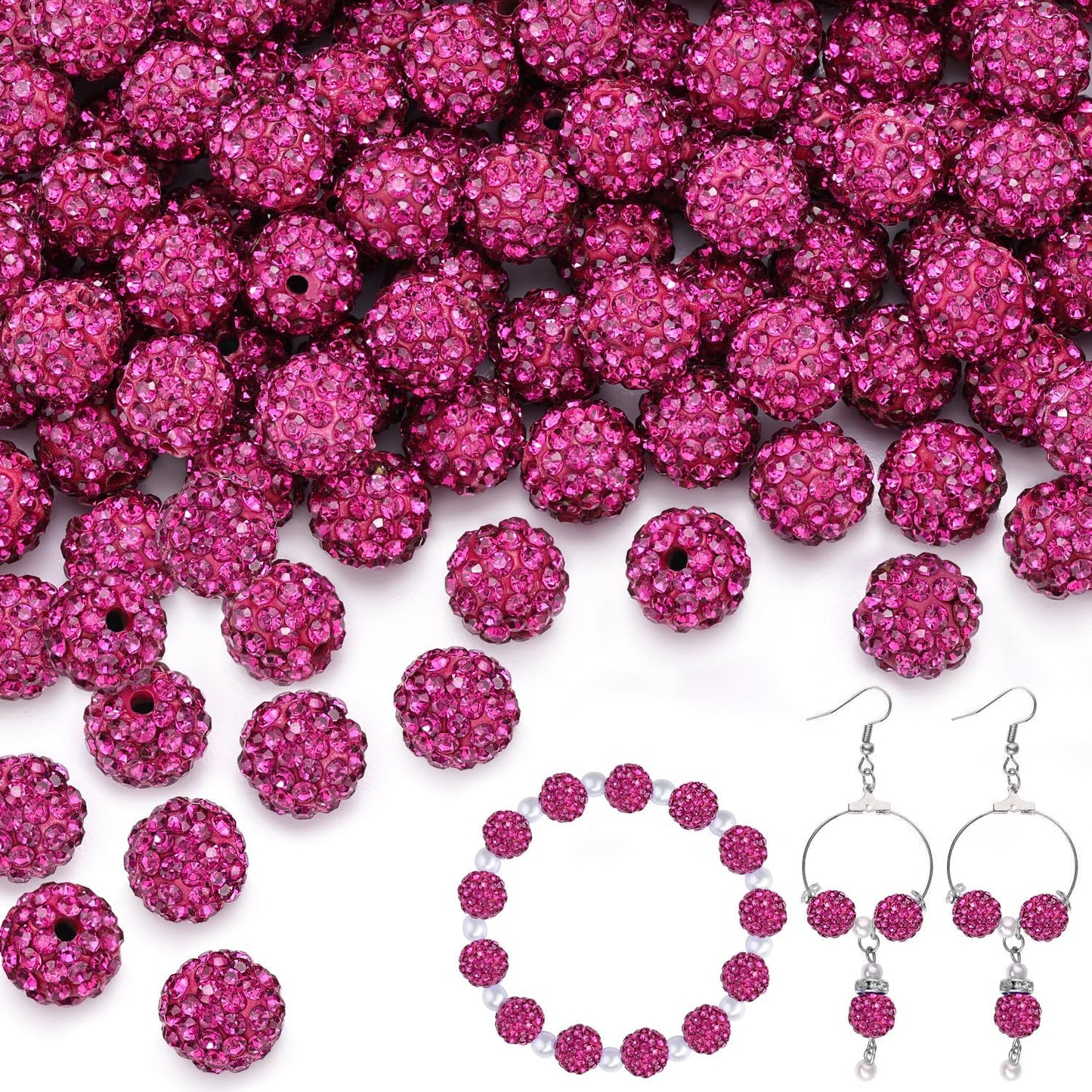 100 pcs 10mm Rhinestone Beads for Jewelry Making, Fuchsia Shiny Round Shamballa Disco Beads Bulk, Sparkle Crystal Clay Christmas for Bracelet Baseball Necklace Earring Crafting and DIY