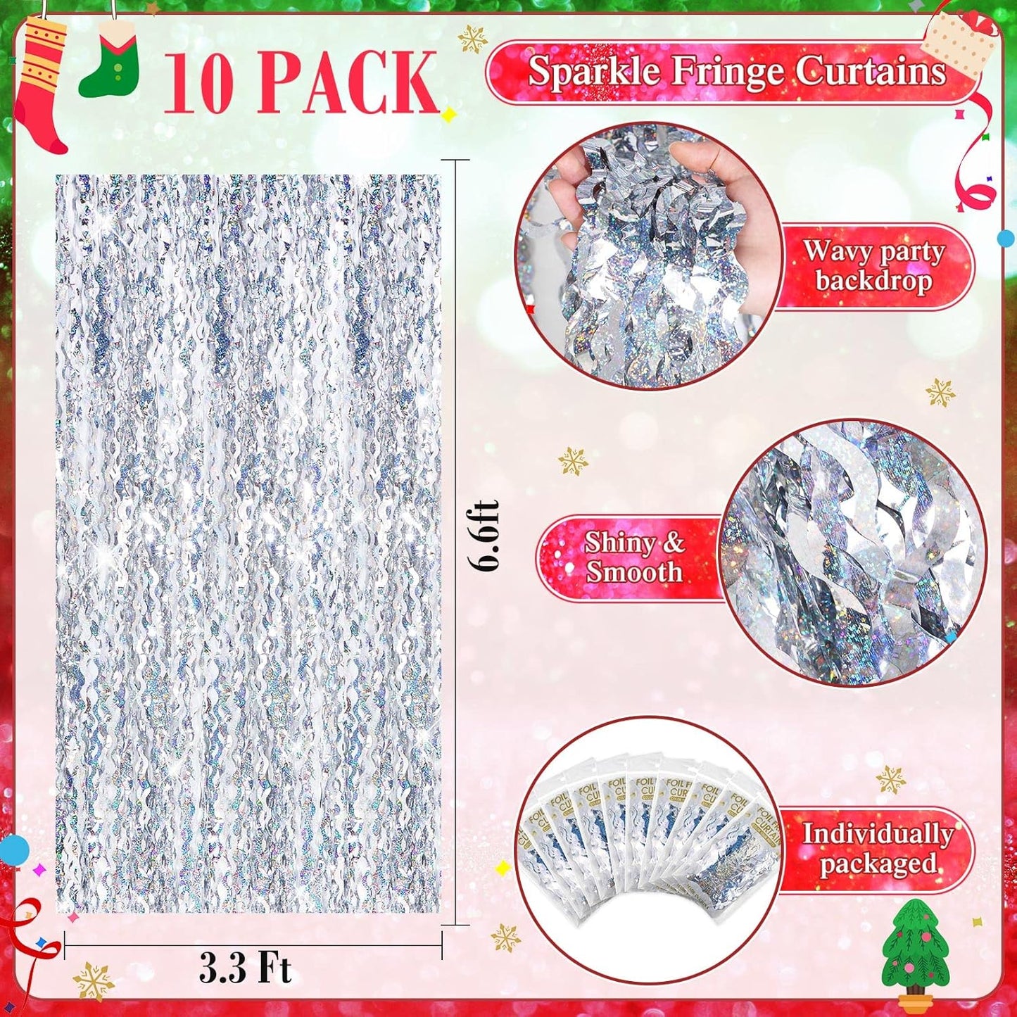 10 Pieces 3.3 x 6.6 Ft Foil Fringe Backdrop Party Wavy Tinsel Fringe Curtain Streamer for Happy New Year Carnival Party Favor 80s 90s Disco Ocean Sea Mermaid Birthday Wedding(Silver)