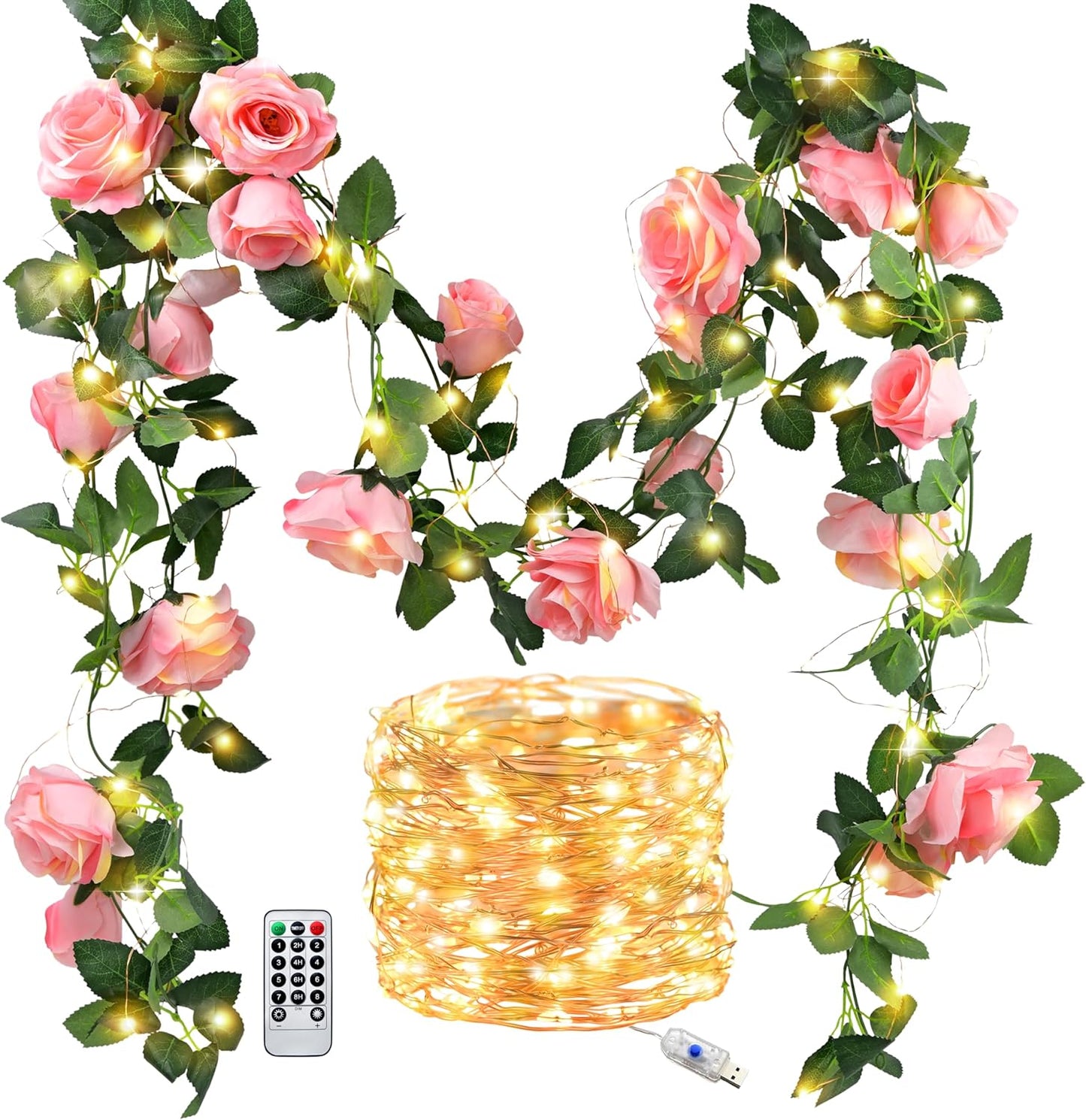 FiveSeasonStuff 29 Ft 4 Pack Amaranth Light Pink Rose Silk Flower Garland Artificial Flowers Decoration Hanging Floral with 66 feet String Lights