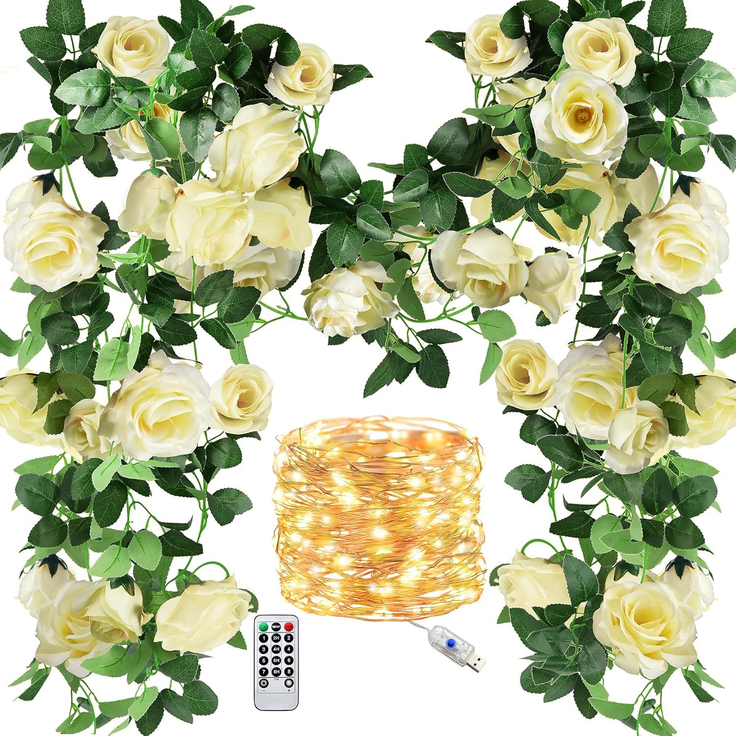 FiveSeasonStuff Product Image 29 Ft 4 Pack Cream White Rose Silk Flower Garland Artificial Flowers Decoration Hanging Floral with 66 feet String Lights