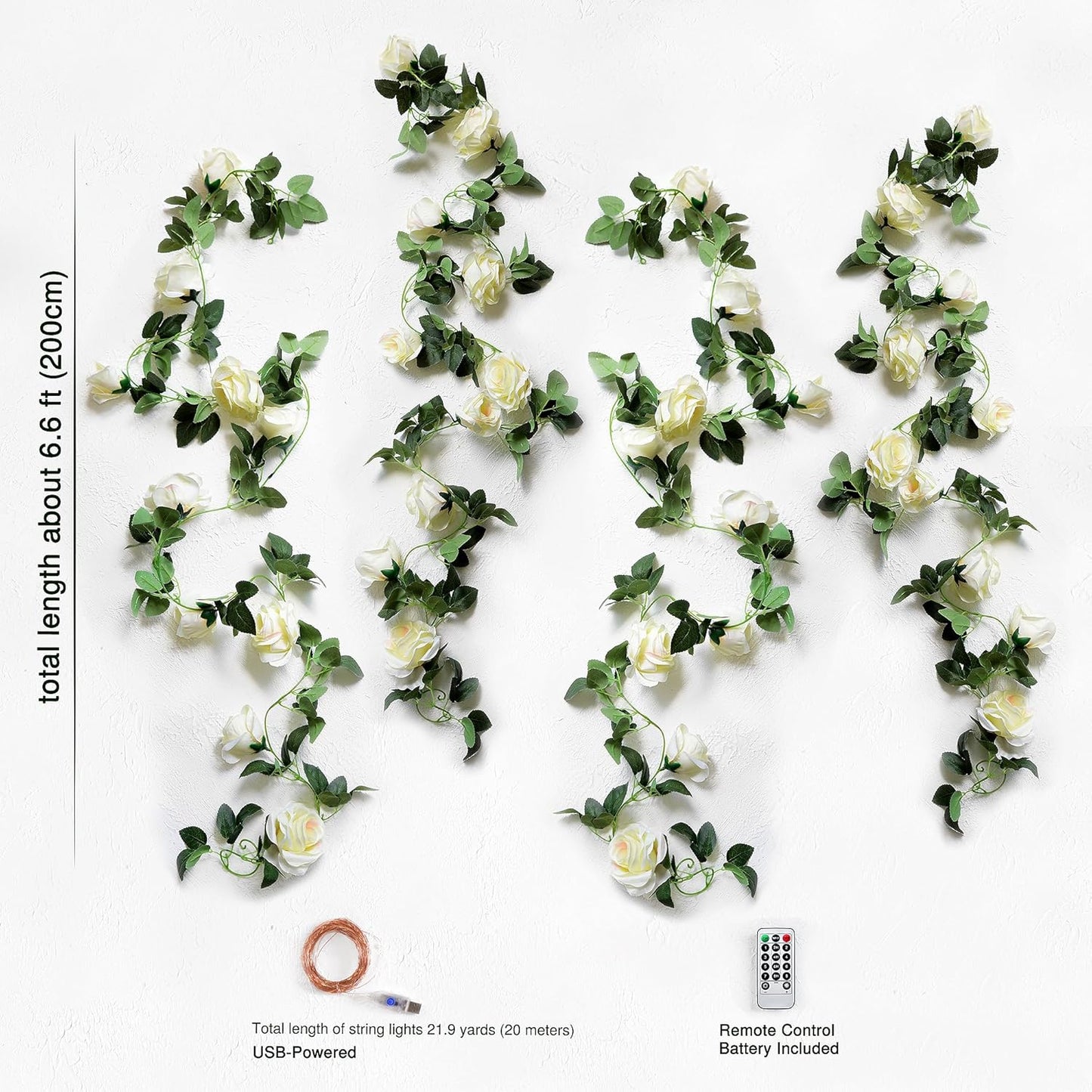 FiveSeasonStuff Product Image 29 Ft 4 Pack Cream White Rose Silk Flower Garland Artificial Flowers Decoration Hanging Floral with 66 feet String Lights