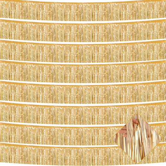 10 Pack 10 Feet Foil Fringe Garland Metallic Tinsel Streamers Banner Wall Hanging Curtain Backdrop for Parade Floats, Wedding, Disco, Birthday, Halloween, Christmas Party Decorations(Champagne Gold)