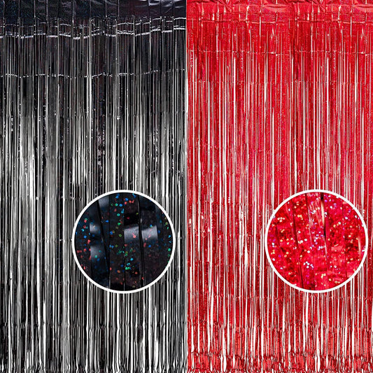 Foil Fringe Curtain Party Decorations - Black Red Metallic Tinsel Backdrop Party Steamers Curtains for Birthdays Halloweens Christmas Theme Prom Holidays Parties Decorations