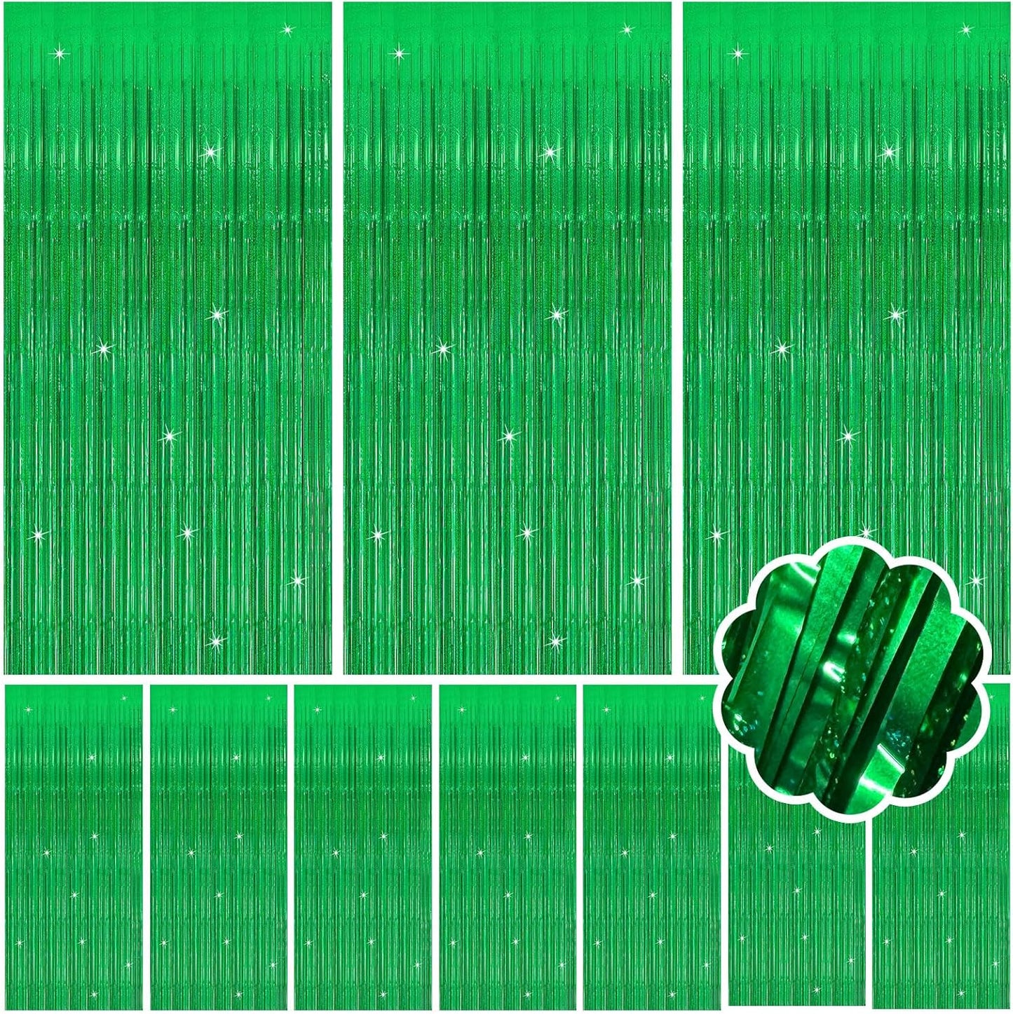 10 Pack Green Streamers Metallic Foil Fringe Curtain Backdrop for St Patrick's Day Birthday Christmas Dinosaur Animal Football Theme Party Decorations