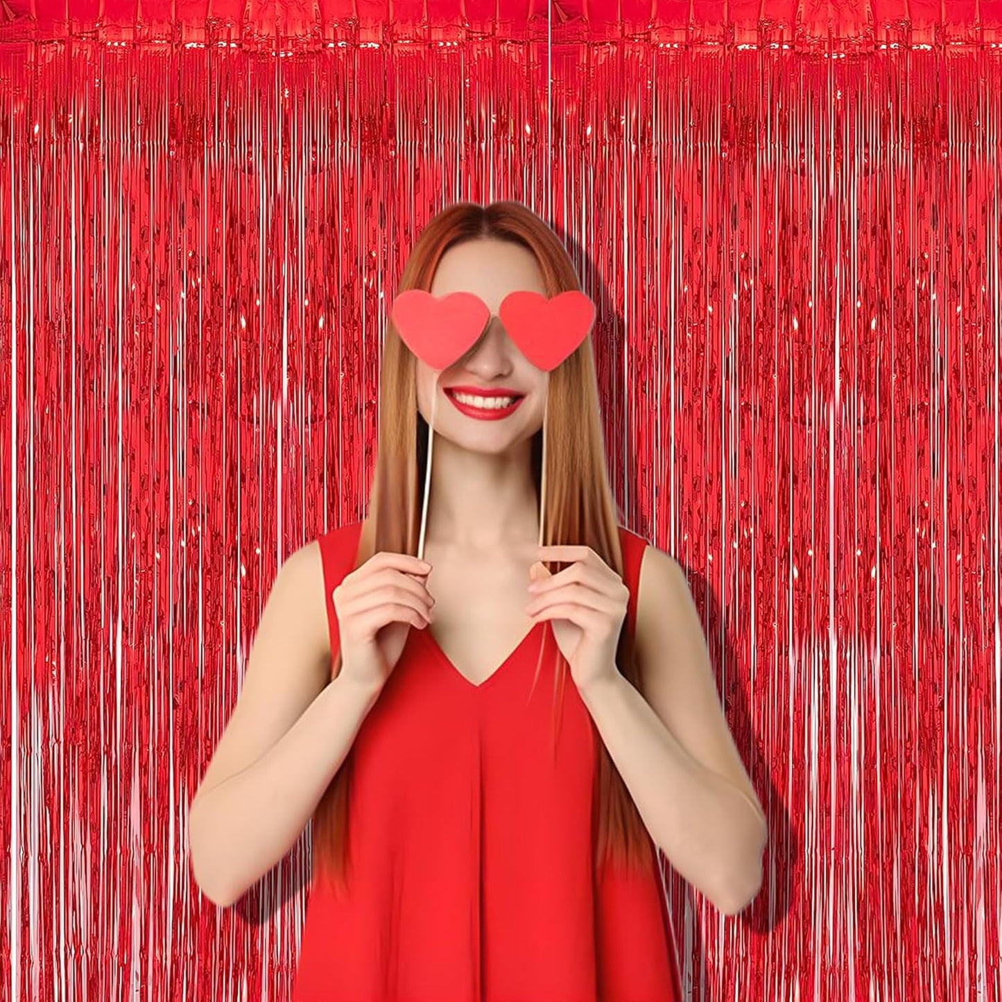 Foil Fringe Curtain Christmas Party Decorations - Red Metallic Tinsel Photo Booth Backdrop Party Steamers Curtains for Christmas New Years Valentines Engagement Celebration Party