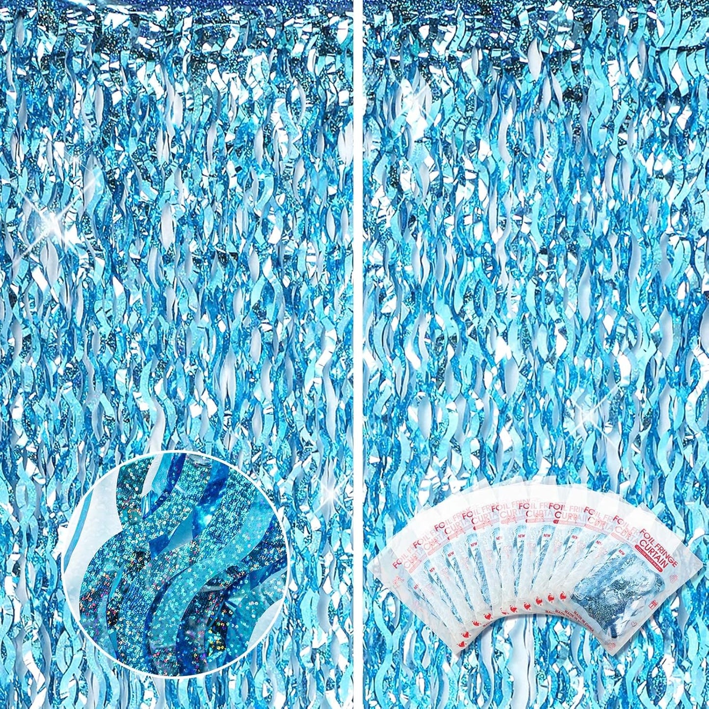 10 Pieces 3.3 x 6.6 Ft Foil Fringe Backdrop Party Wavy Tinsel Fringe Curtain Streamer for Happy New Year Carnival Party Favor 80s 90s Disco Ocean Sea Mermaid Birthday Wedding(Blue)
